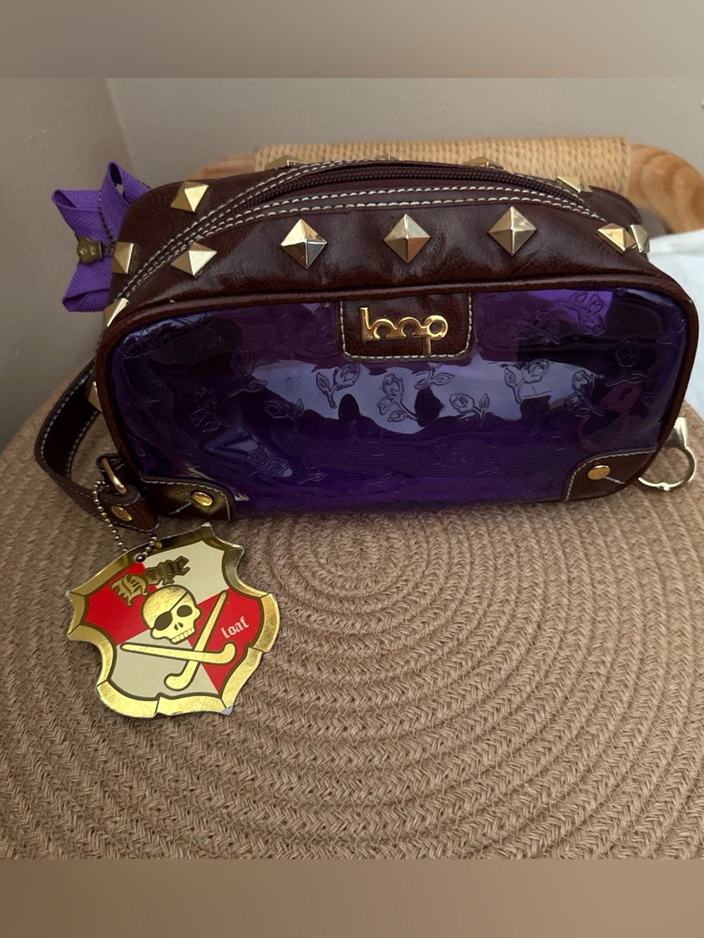 Loop NYC Clear Purple Bag Gold Studs Zipper Flower Handcuffs